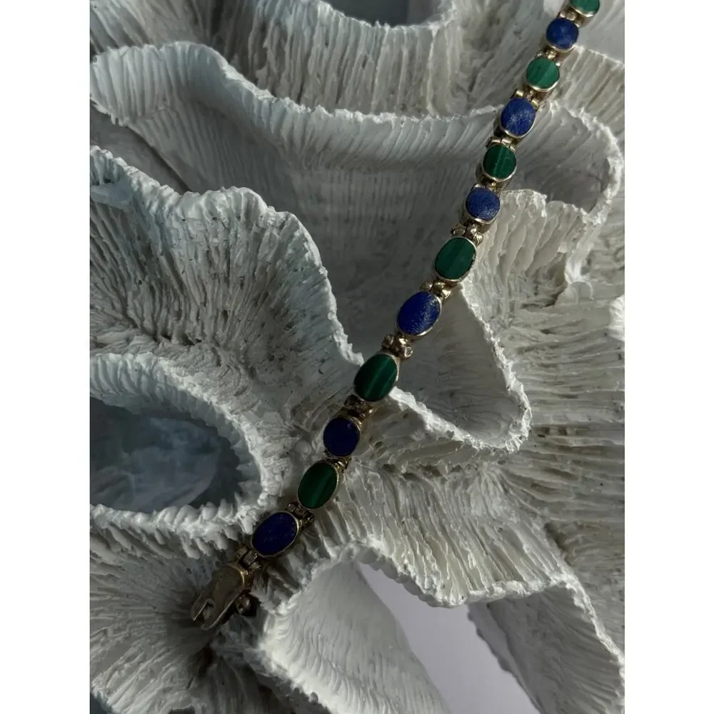925 Sterling Silver Malachite & Sodalite Bracelet Length 7
